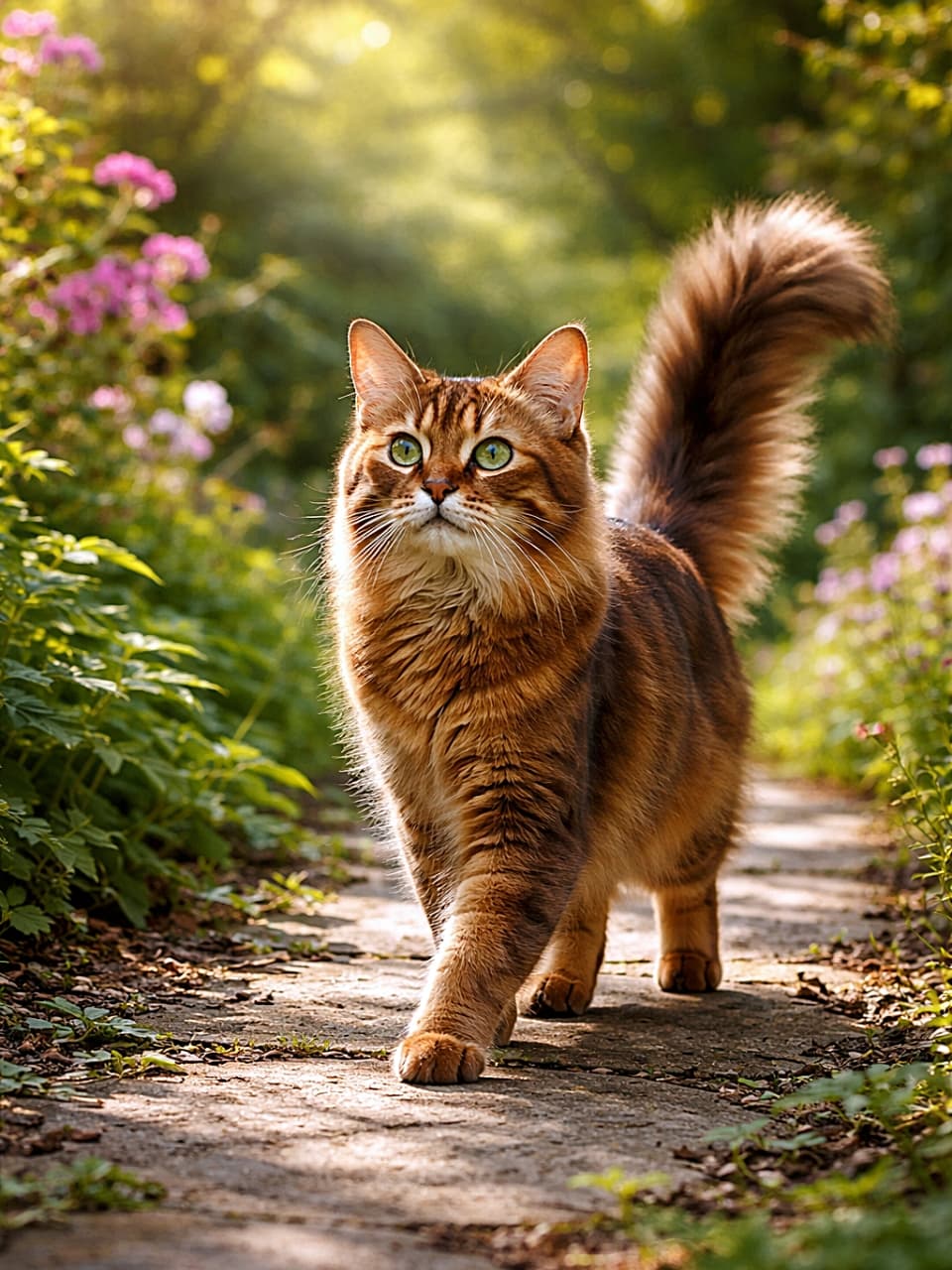 「木漏れ日の小道を探検中!しっぽふわり、冒険モード全開ソマリ🐾✨」A photorealistic Somali cat with a fluffy tail walking along a sun-dappled garden path, alert and curious, surrounded by lush greenery and soft pink flowers. 木漏れ日が差し込む庭の小道を、好奇心いっぱいに歩くソマリ猫。豊かな緑と淡いピンクの花に囲まれたフォトリアルな一枚