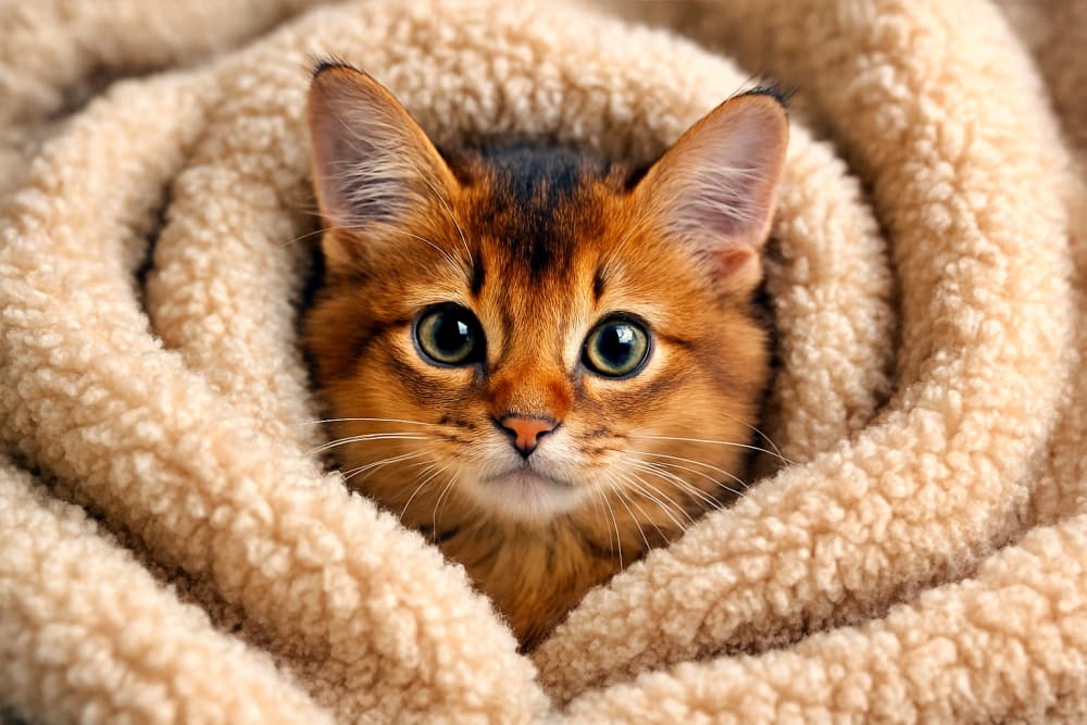 Somali cat wrapped in a beige fleece blanket, peeking out with expressive eyes. ベージュのフリース毛布に包まれたソマリの猫が、表情豊かな目でこちらを見ている