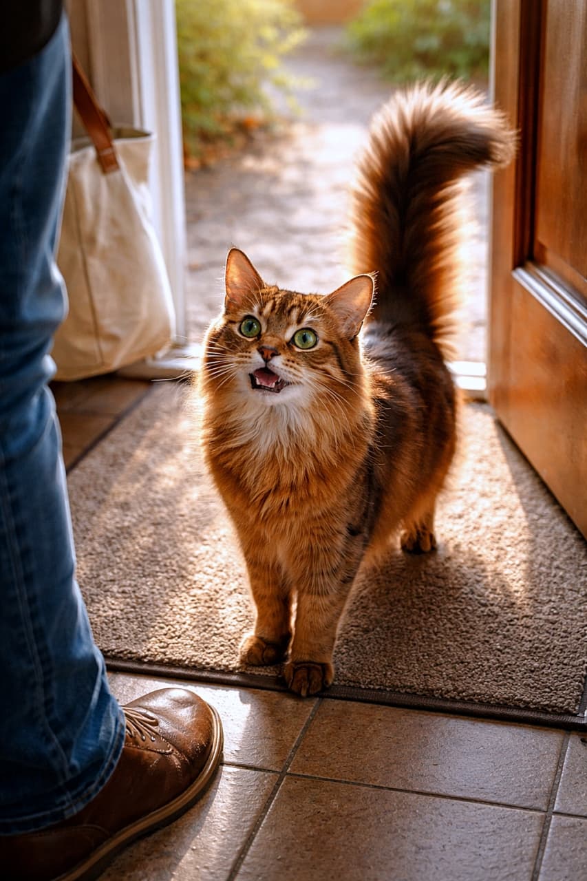 「しっぽピーン!全力おかえり発動中🐾✨」A photorealistic Somali cat warmly greeting its owner at the front door, tail raised high and eyes sparkling in soft golden natural light. 玄関先で飼い主を出迎えるソマリ猫。しっぽを高く上げ、きらきらした瞳で見つめる姿を暖かな自然光の中で捉えた写真