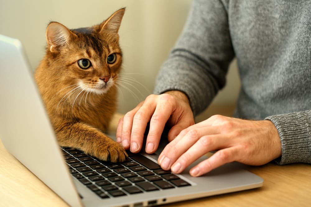 A Somali cat places its paw on a laptop keyboard while a person types, sharing a cozy moment of digital companionship. ソマリ猫がノートパソコンのキーボードに前足を乗せ、人と一緒に作業する温かなひととき