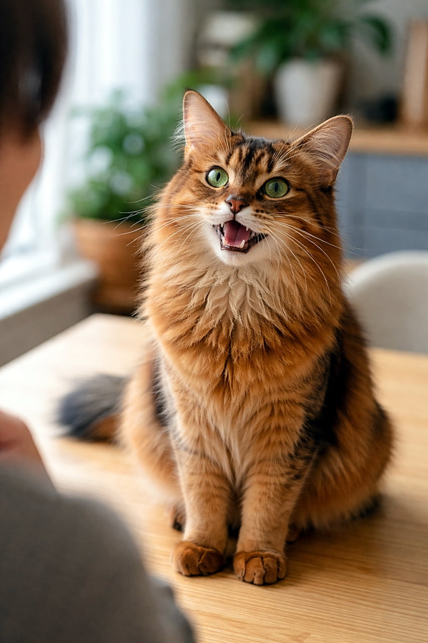 「「ねえねえ!」って全力アピール中のソマリさん」Photorealistic image of a Somali cat sitting on a wooden table, meowing softly toward a person with lively green eyes and an attentive expression in warm natural light. 木製テーブルの上に座り、人物に向かってやわらかく鳴くソマリ猫。明るい緑の瞳がいきいきと輝き、自然光に包まれた写実的な一枚