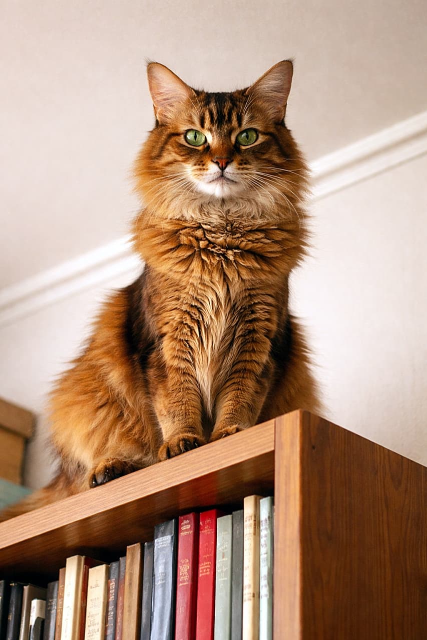 「本棚の頂でドヤ顔全開。ここは私の王国です!」A Somali cat perched on top of a wooden bookshelf, gazing down with confident green eyes. Photorealistic, high resolution. 木製の本棚の上にとまり、自信に満ちた緑の瞳で見下ろすソマリ猫。フォトリアル、高解像度