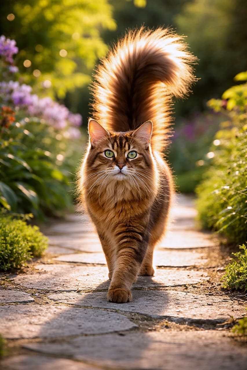 「ふわり尾をなびかせ、庭を征く小さな王様👑」A proud Somali cat walking along a sunlit garden path, its fluffy tail glowing in the warm sunlight, photographed in high resolution with a shallow depth of field. 暖かな日差しに照らされながら庭の小道を誇らしげに歩くソマリ猫。ふさふさの尾が光に輝く高解像度写真