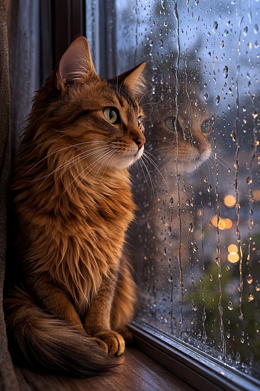 「ぬくもりと雨音。静かな夜のまなざし🐾」A high-resolution portrait of a Somali cat sitting upright by a rainy window, its fluffy coat glowing in warm indoor light against the cool, blurred cityscape outside. 暖かな室内光に包まれながら、雨の降る窓辺で静かに座るソマリ猫の高解像度ポートレート