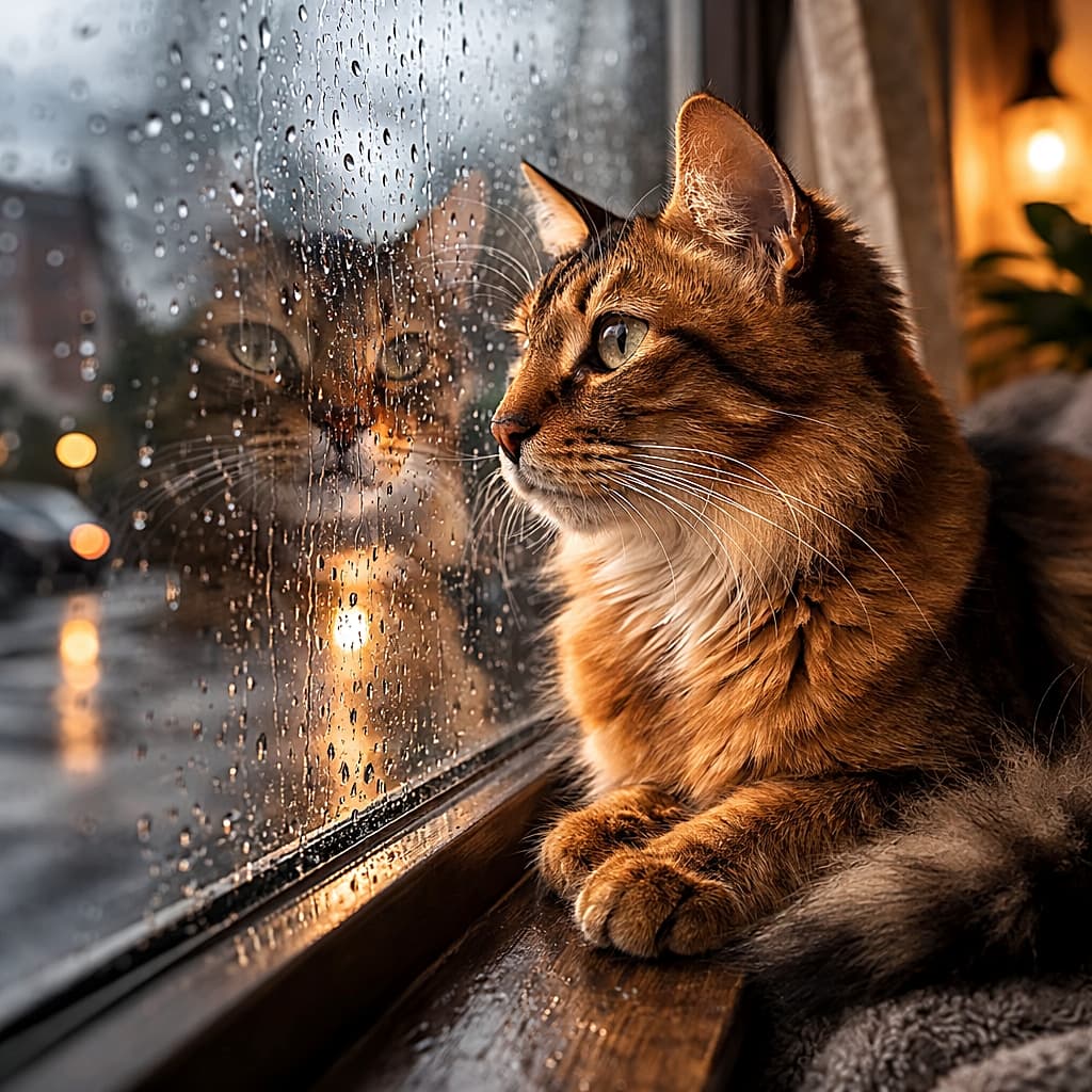 「雨粒きらり。窓辺で物思いにふける王子様🐾」A photorealistic Somali cat resting on a wooden windowsill, paws neatly crossed, gazing through a rain-covered window with soft city lights reflecting on the glass. 木製の窓辺で前足を揃え、雨粒のついた窓越しに街の灯りを見つめるソマリ猫のフォトリアルな写真
