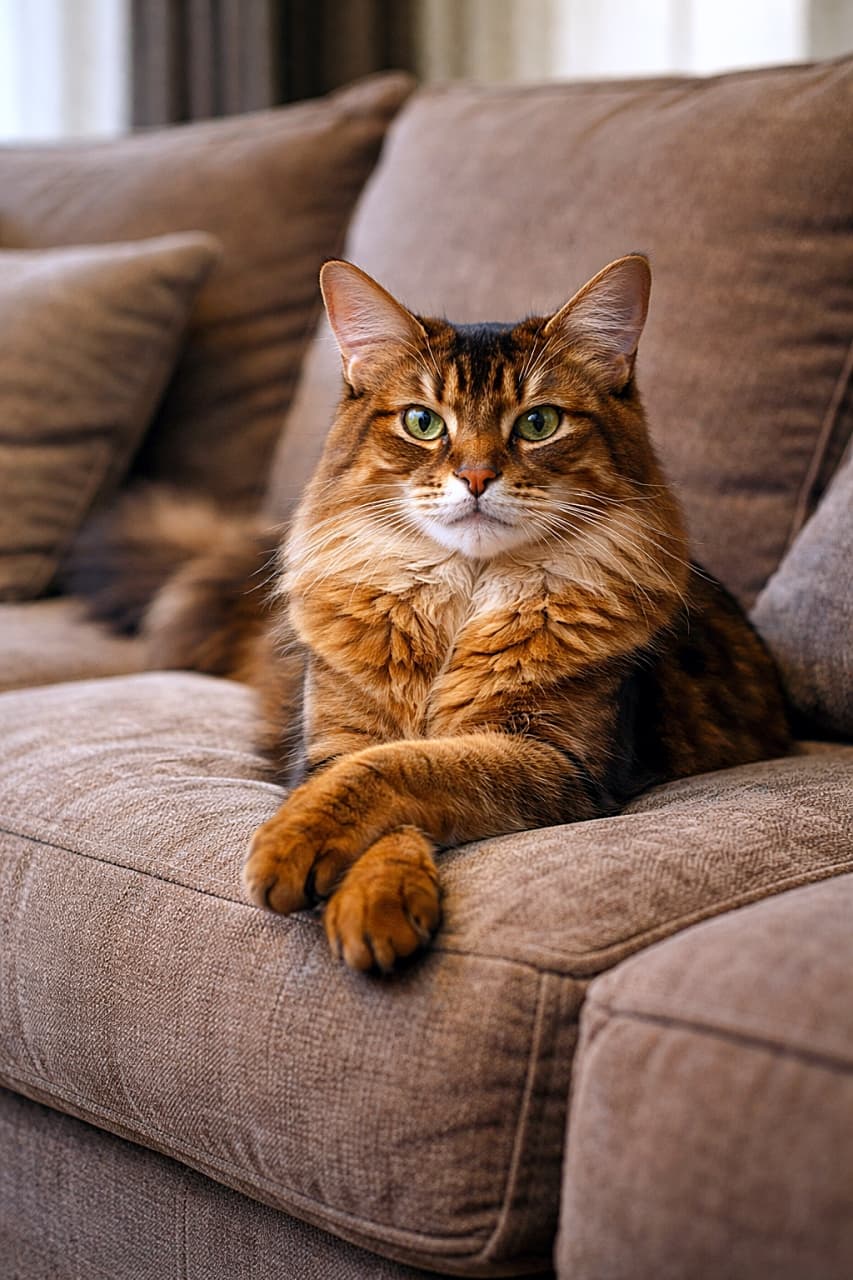 「ソファの王者、前足クロスで堂々ご登場✨」A photorealistic image of a Somali cat lounging regally on a large beige sofa with its front paws neatly crossed, looking directly at the camera. 大きなベージュのソファに前足をきれいに組んで優雅にくつろぐソマリ猫。カメラをまっすぐ見つめているフォトリアルな一枚