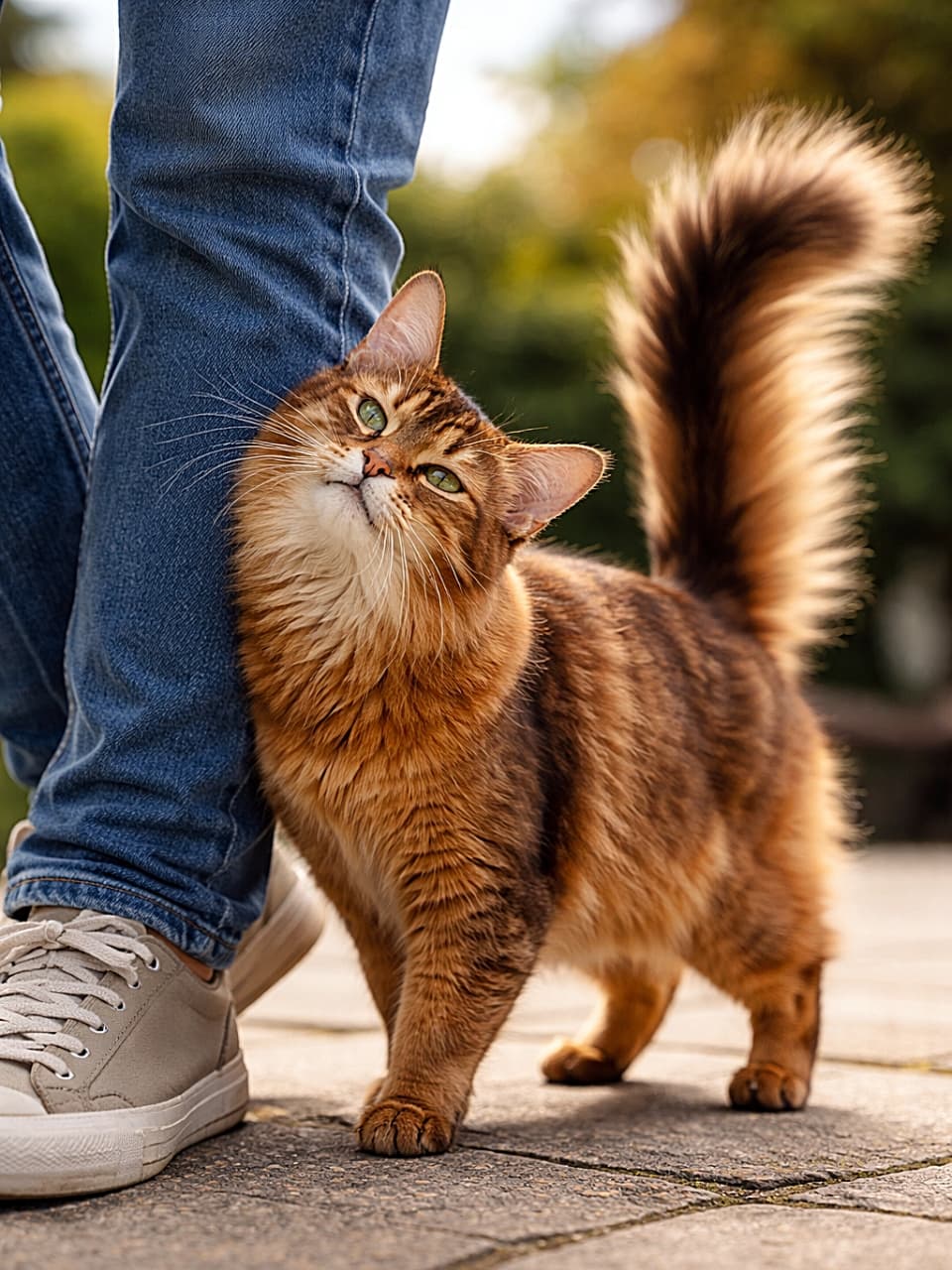 「しっぽピーンで愛情全開!今日も全力すりすりタイム発動中🐾」A photorealistic Somali cat with a fluffy raised tail gently rubbing against its owner’s leg outdoors in warm natural light. 屋外で自然光の中、しっぽを立てて飼い主の脚に優しくすり寄るソマリ猫の写真