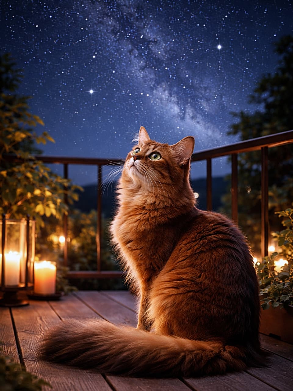「星降る夜、きみは何を願うの?バルコニーで宇宙と語らうソマリ」A Somali cat sitting on a wooden balcony at night, gazing up at a star-filled sky with the Milky Way visible. Warm candlelight softly illuminates its reddish-brown fur and fluffy tail. 夜の木製バルコニーに座り、天の川が広がる星空を見上げるソマリ猫。キャンドルの暖かな光が赤褐色の被毛とふさふさの尾を優しく照らしている