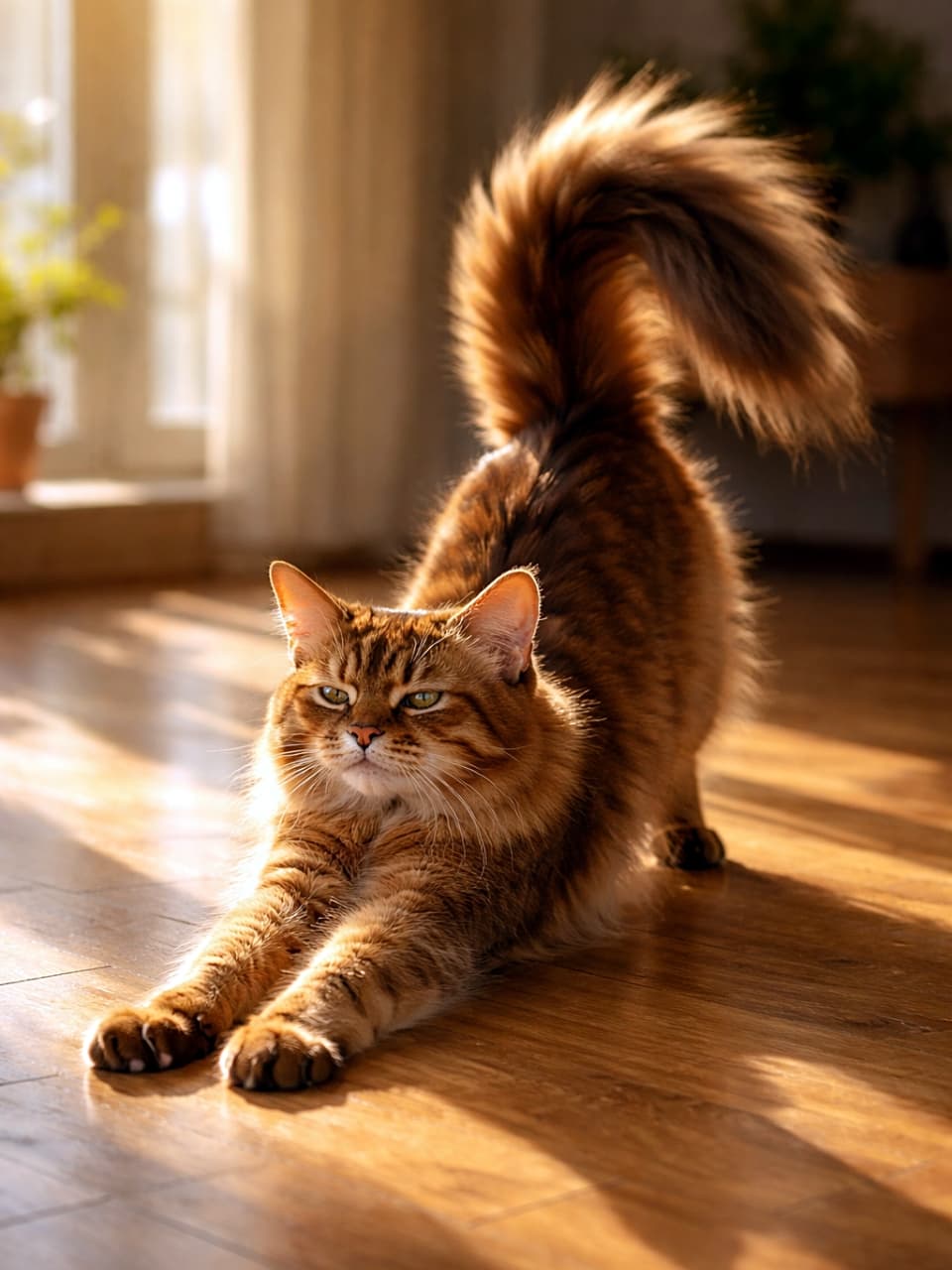 「陽だまりでぐーんと伸び!金色に輝くごきげんソマリ✨」A Somali cat stretching gracefully on a sunlit wooden floor, its golden-brown fur glowing warmly in natural light. 陽光が差し込む木の床で優雅に伸びをするソマリ猫。黄金色の毛並みがあたたかく輝いている