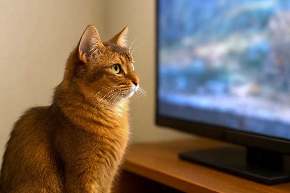 Somali cat with green eyes watches a blurred nature scene on TV, alert and curious. 緑の目をしたソマリの猫がテレビのぼんやりした自然映像を見つめている、好奇心旺盛な姿