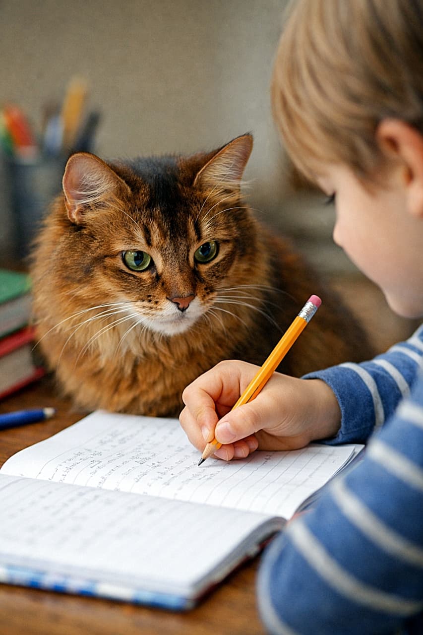 「「ねえ、それ何て書いてるの?」勉強監督ソマリ先生🐾📖」A photorealistic image of a Somali cat sitting beside a child who is doing homework at a desk, curiously looking at the open notebook while the child writes with a pencil. 机で宿題をしている子どもの隣に座り、ノートを興味深そうに見つめるソマリ猫のフォトリアルな画像