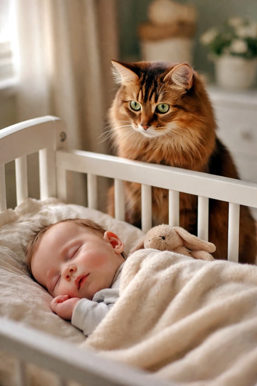 「眠りの番人、就任しました。静かであたたかい、猫と赤ちゃんのひみつ時間」A Somali cat quietly watches over a sleeping baby in a white crib, softly lit nursery, calm and tender atmosphere. 白いベビーベッドで眠る赤ちゃんを、そっと見守るソマリ猫。やわらかな光に包まれた穏やかな室内の様子
