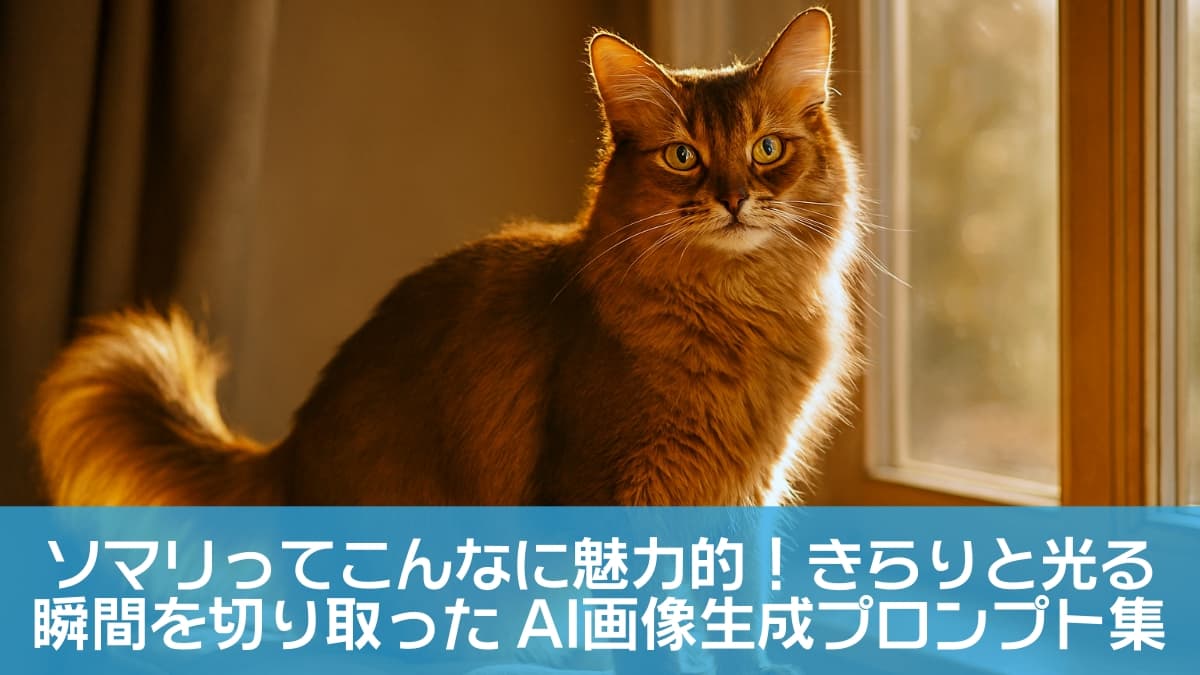 A Somali cat with a fluffy, reddish-brown coat rests gracefully on a cushioned surface near a window, bathed in golden sunlight. The rich texture of its long fur glows warmly, creating a cozy and tranquil atmosphere. 赤茶色の長毛を持つソマリが、窓際のクッションの上で優雅に佇んでいる。黄金色の自然光が毛並みの豊かな質感を温かく照らし、居心地の良い静かな雰囲気を醸し出している A Somali cat with a fluffy, reddish-brown coat rests gracefully on a cushioned surface near a window, bathed in golden sunlight. The rich texture of its long fur glows warmly, creating a cozy and tranquil atmosphere. 赤茶色の長毛を持つソマリが、窓際のクッションの上で優雅に佇んでいる。黄金色の自然光が毛並みの豊かな質感を温かく照らし、居心地の良い静かな雰囲気を醸し出している