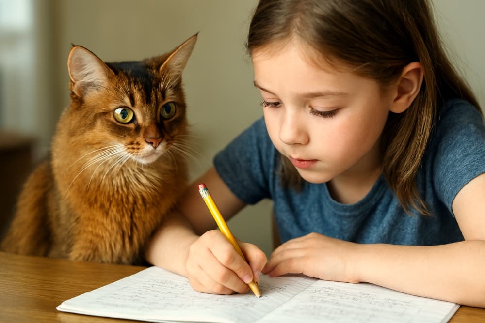 Somali cat sits beside a child writing in a notebook, both focused in a warm, indoor study moment. ノートに書き込む子どものそばに座るソマリ猫が、穏やかな室内で集中する姿を見せる