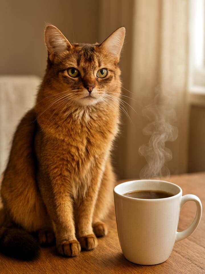 A Somali cat sits beside a steaming mug of coffee on a wooden table, basking in the morning light. 木のテーブルで湯気の立つコーヒーの隣に座るソマリ猫が、朝の光に包まれる