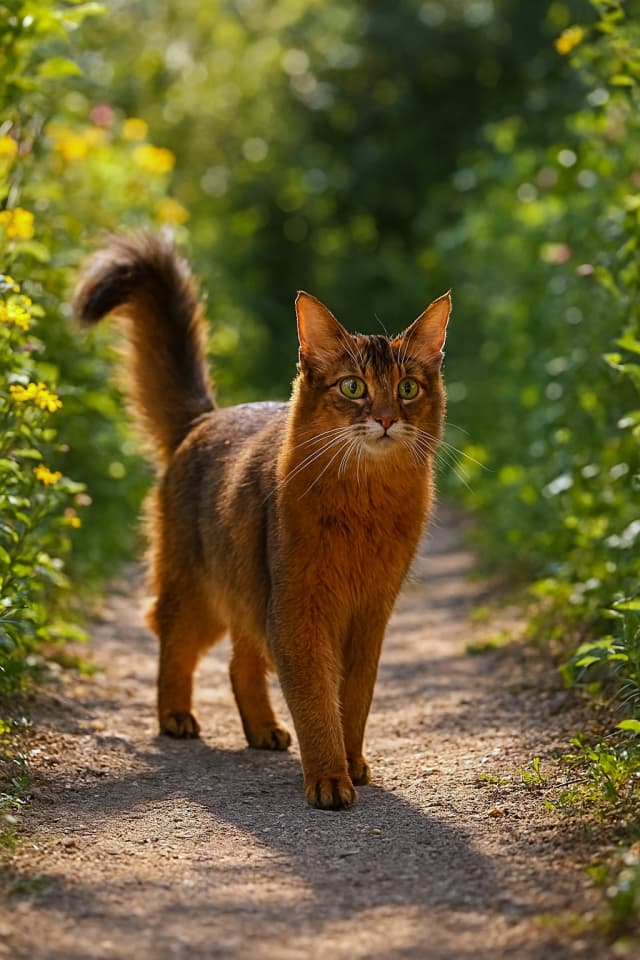 Somali cat strolling along a dirt path with yellow flowers and bright foliage. ソマリ猫が黄色い花咲く小道を歩いている。自然の中の優雅な姿