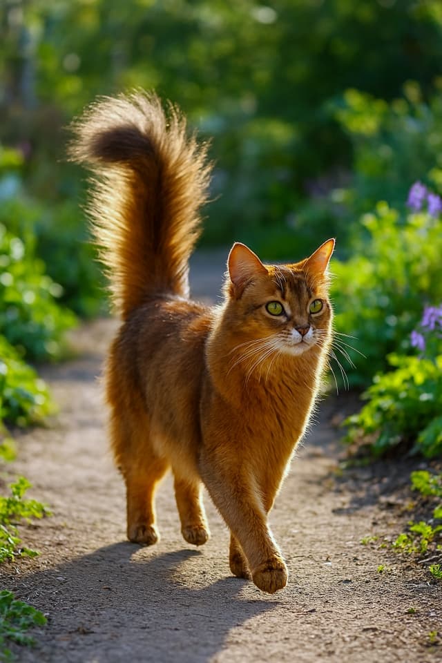 A Somali cat strides confidently along a dirt path, its fur glowing in the sunlight amid lush foliage. 陽光に照らされながら土の小道を歩くソマリ猫が、豊かな緑に映える