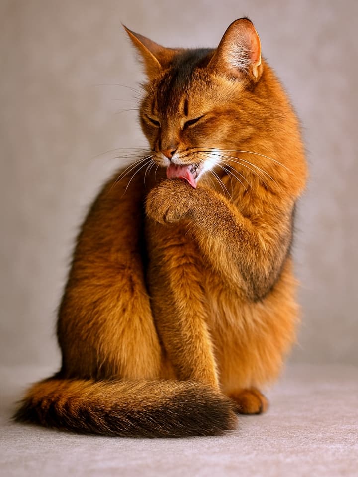 Somali cat licking its paw in a relaxed pose, reddish fur glowing under soft light. ソマリ猫が前足を舐めている。赤茶の毛並みが柔らかな光に映える