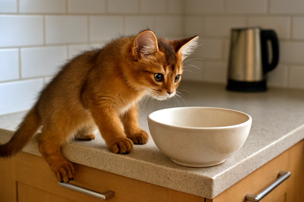 A Somali kitten stands on its hind legs at a kitchen counter, peering into an empty bowl with hopeful eyes. キッチンのカウンターで後ろ足で立ち、空のお皿を見つめるソマリの子猫が愛らしい