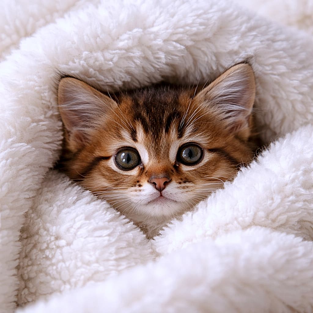 「ふわもこ毛布からひょっこり♡ぬくぬく天使、発見しました🐾✨」A close-up of a Somali kitten buried in a fluffy white blanket, only its face visible, gazing forward with wide, gentle eyes in soft, warm lighting. ふわふわの白いブランケットに埋もれ、顔だけをのぞかせたソマリの子猫が、やさしい光の中でまっすぐ見つめているクローズアップ写真