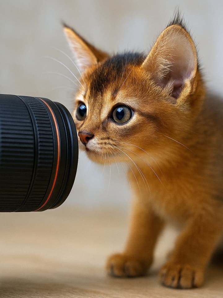 Curious Somali kitten inspecting a camera lens, nose nearly touching the glass, with wide, expressive eyes. 興味津々のソマリ子猫がカメラレンズを覗き込んでいる。鼻がレンズに近づき、目を大きく見開いている