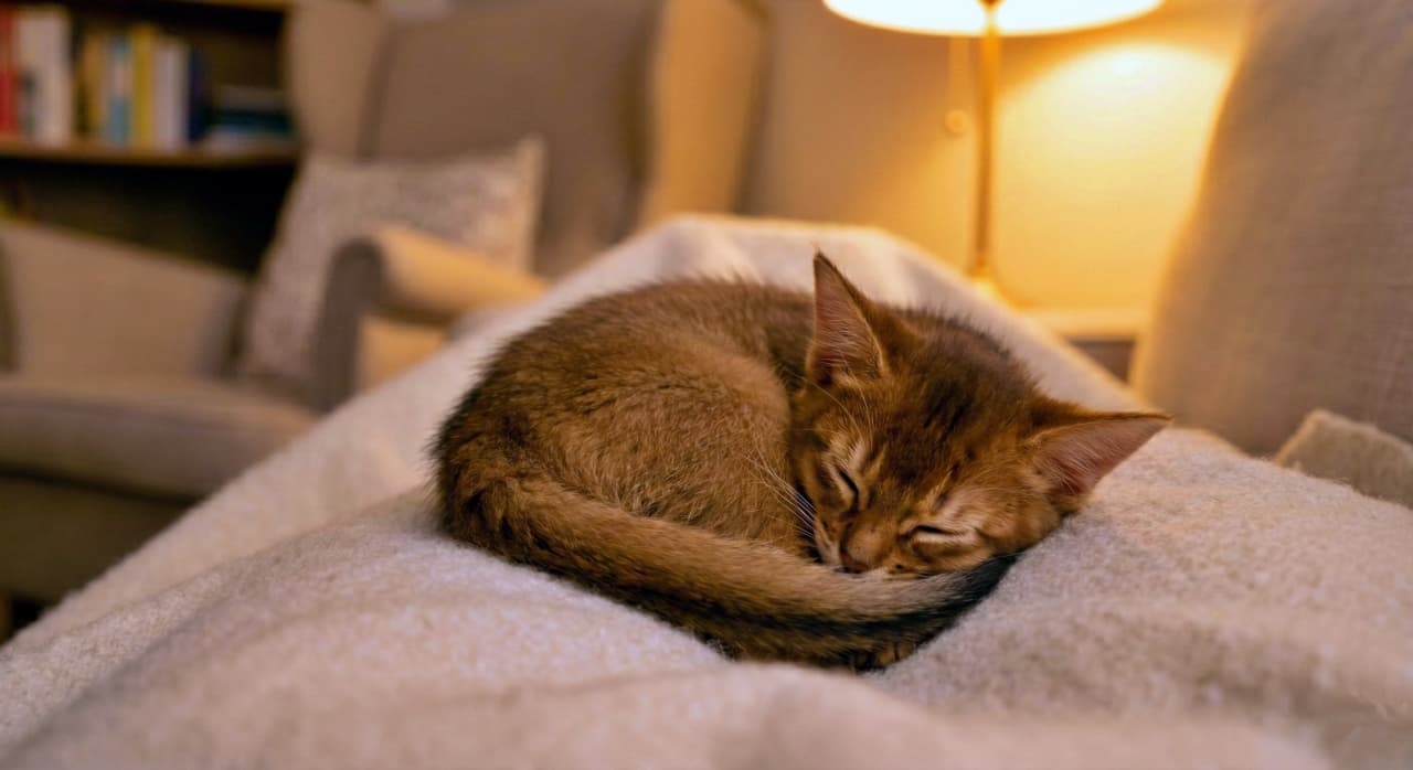 A small Somali kitten sleeps curled up on a soft, light-colored blanket in a warmly lit living room. A nearby armchair, bookshelf, and glowing lamp create a peaceful, homely atmosphere that enhances the kitten’s serene posture. 柔らかな淡色の毛布の上で丸くなって眠るソマリの子猫。そばにはベージュのアームチェアや本棚、優しく灯るランプがあり、穏やかで家庭的な雰囲気の中で、子猫の静かな寝姿が際立っています