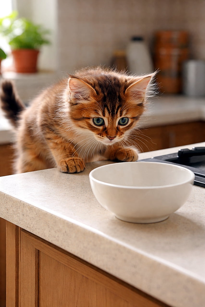 「え、空っぽ!?ごはん会議、緊急開催にゃ!」A curious Somali kitten climbs onto a kitchen counter, peering into an empty white bowl with wide green eyes in warm natural light. 暖かな自然光の差し込むキッチンカウンターに登り、空の白いボウルをじっとのぞき込む好奇心旺盛なソマリの子猫