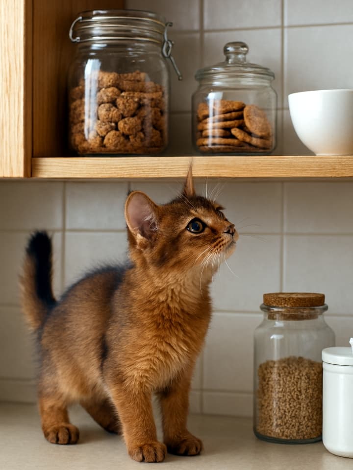 Somali kitten stands on a kitchen counter, gazing up at a shelf with jars of treats and a ceramic cup. ソマリの子猫がキッチンの棚を見上げており、瓶やカップに興味津々な様子