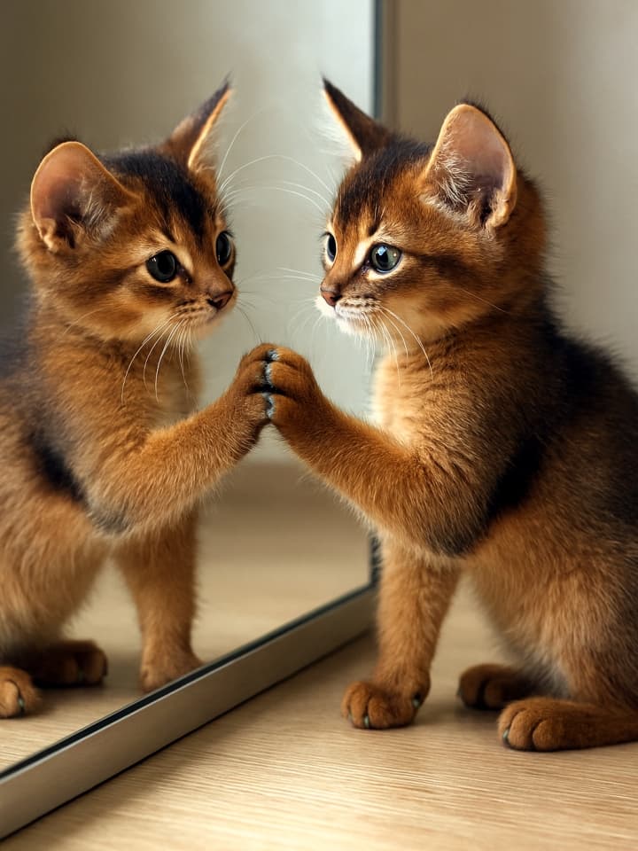Somali kitten interacting with its reflection, paw pressed against mirror. ソマリの子猫が鏡に映る自分と遊んでいる。好奇心あふれる瞬間
