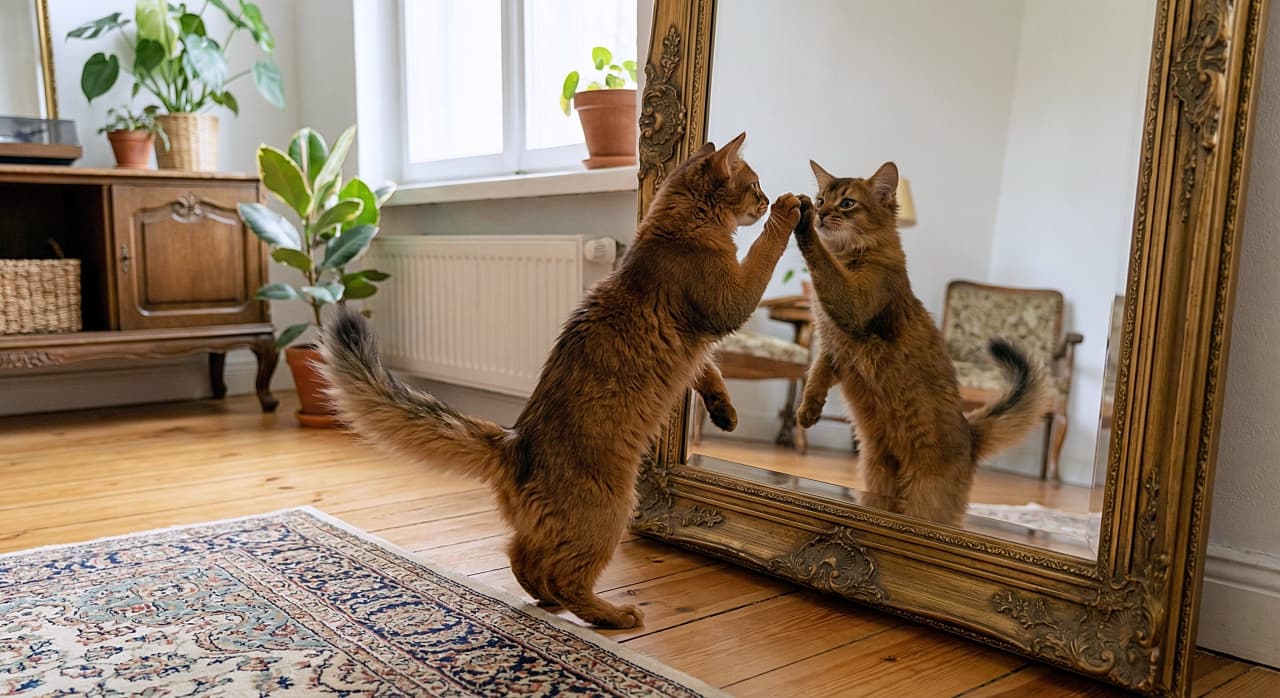 「鏡の中の自分と完璧シンクロ🐾 「キミ、ボクにそっくりだニャ!」不思議そうに見つめ合う、ソマリちゃんの可愛い瞬間✨」A photorealistic, high-resolution image of a Somali kitten standing on its hind legs on a wooden floor, pushing its front paws against a large, gold-framed mirror. The kitten is looking intently at its own perfectly mirrored reflection. The setting is a cozy, sunlit living room with potted plants, wooden furniture, and a Persian-style rug. 木製の床の上に後ろ足で立ち、大きな金枠の鏡に両前足を押し付けている、ふわふわしたソマリの子猫のリアルな高精細写真。子猫は鏡の中の自分自身の完璧にシンクロした反射をじっと見つめている。明るく日当たりの良いリビングルームで、背景には鉢植えの植物、木製の家具、そしてペルシャ風の敷物が見える
