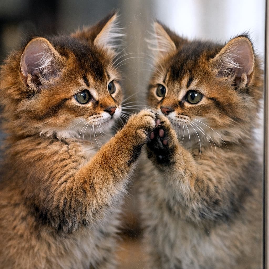 「鏡の中の自分と「ハイタッチ🐾」!ふわふわの毛並みとピンクの肉球のドアップに心奪われる💕」A high-resolution, extreme close-up photo of a Somali kitten curiously pressing its paw against its reflection in a mirror. The image highly focuses on the kitten's face, the mirrored reflection, and the detailed pink paw pads touching the glass. 鏡に映る自分に不思議そうに前足を合わせるソマリの子猫の高精細なクローズアップ写真。子猫の顔と鏡の中の顔、そしてガラス越しにピタリと合わさった可愛らしいピンクの肉球に焦点が当てられている