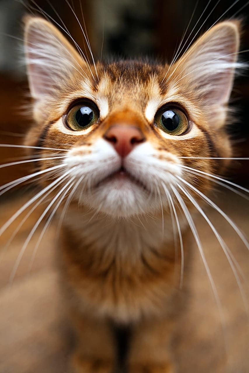 「レンズに突撃!好奇心MAXのどアップソマリ子猫🐾」A curious Somali cat kitten pokes its nose into the camera lens, whiskers stretched forward and wide green eyes staring directly ahead in warm natural light. 好奇心いっぱいのソマリの子猫がカメラレンズに鼻を近づけ、ひげを前に伸ばしながら大きな緑の瞳でまっすぐ見つめているクローズアップ写真