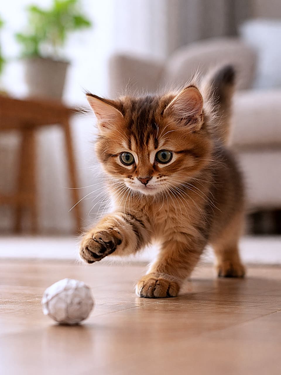 「ころころ転がる紙ボールに全力ダッシュ!狩人スイッチONのソマリ子猫、真剣モード発動中🐾✨」Photorealistic Somali kitten stretching its paw toward a rolling paper ball on a wooden floor, softly lit by natural indoor light. 室内の木の床で転がる紙ボールに前足を伸ばして追いかけるソマリの子猫。自然光に包まれたフォトリアルな一枚