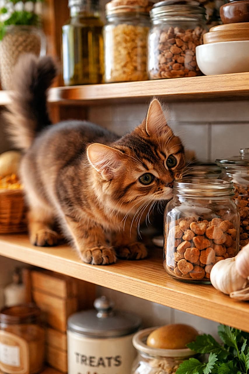 「おやつの気配、発見!忍び足ミッション発動中🐾✨」A fluffy Somali kitten standing on a wooden kitchen shelf, sniffing a glass jar filled with heart-shaped treats, surrounded by warm kitchen items in soft natural light. 木製のキッチン棚の上で、ハート型のおやつが入ったガラス瓶の匂いを嗅ぐソマリの子猫。やわらかな自然光に包まれた温かみのあるキッチン風景