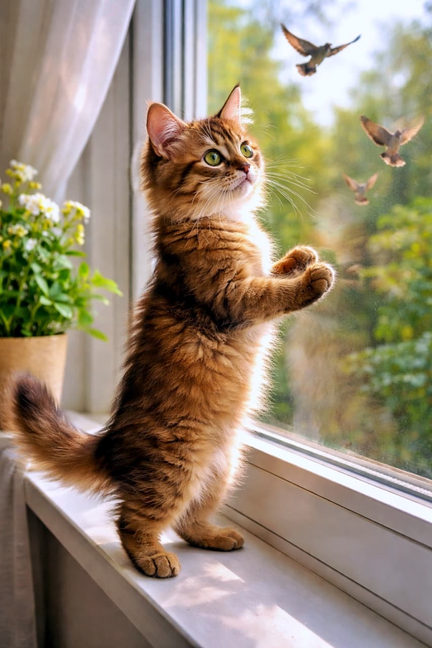 「鳥さん発見!背伸び全開で窓辺をパトロール中のソマリ子猫🐦🐾」A curious Somali kitten standing on its hind legs at a window, watching birds fluttering outside in soft natural light. 窓辺で後ろ足立ちになり、外を飛ぶ鳥をじっと見つめる好奇心いっぱいのソマリの子猫
