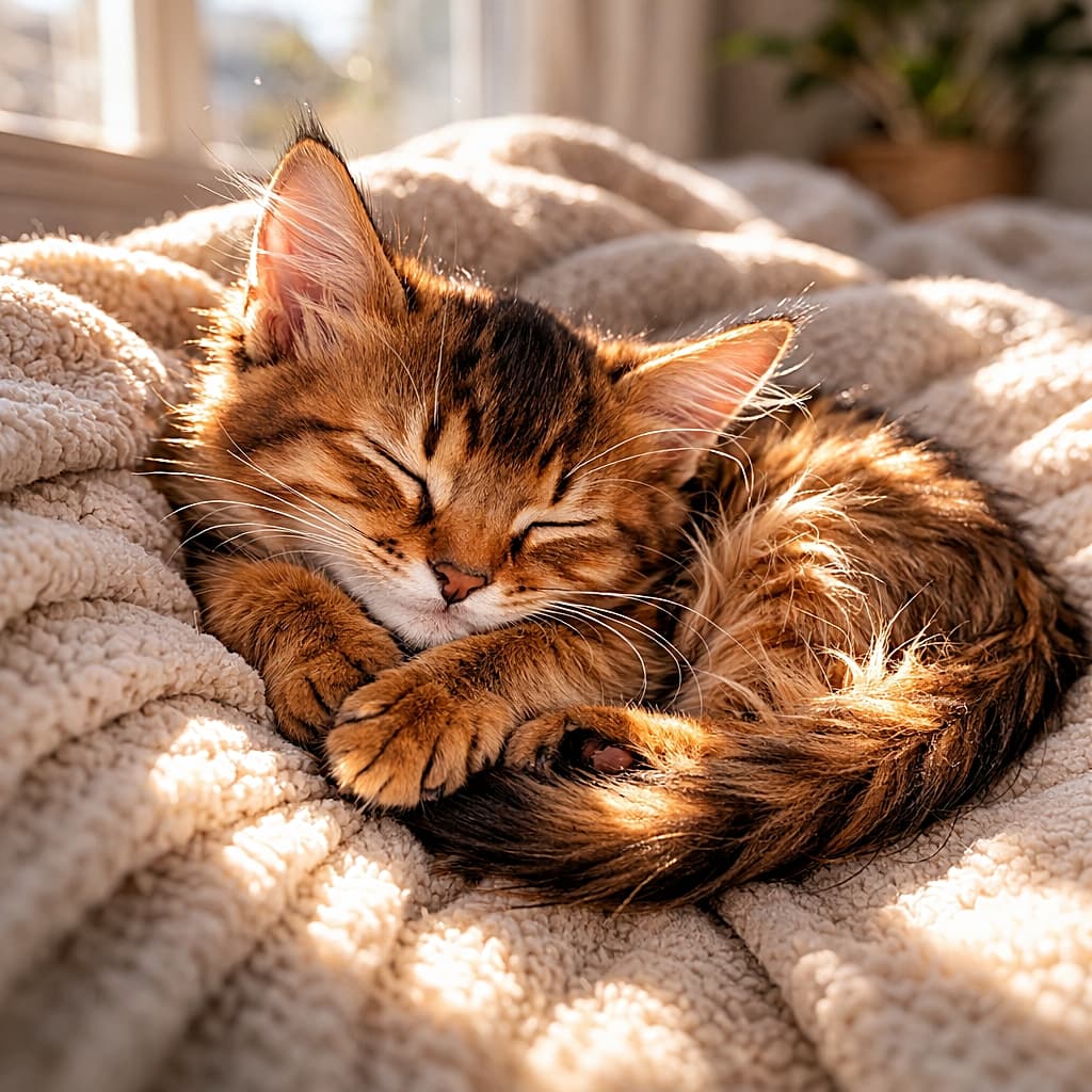 「陽だまりでぐるんと丸まり夢の中へ。尻尾まで幸せ全開☀️」Somali kitten curled tightly on a cream knit blanket, full body visible with fluffy tail wrapped around, sleeping peacefully in warm morning sunlight. Photorealistic. クリーム色のニットブランケットの上で、ふわふわの尻尾を体に巻きつけて丸くなり、朝の陽射しの中で眠るソマリの子猫。全身が見えるフォトリアルな描写