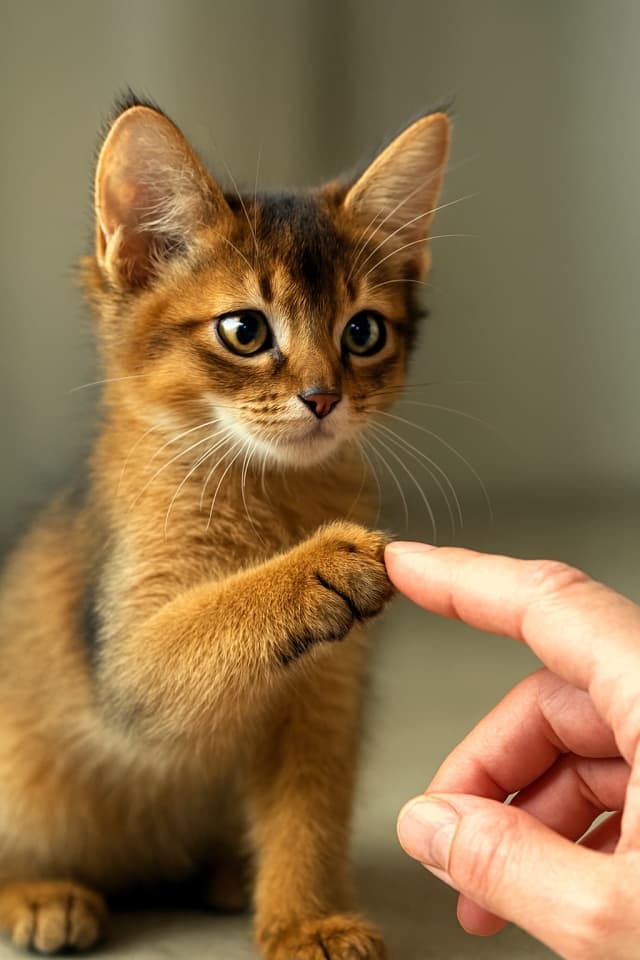 Somali kitten with expressive eyes touching a human finger, soft background. ソマリの子猫が人の指に触れている。背景は柔らかく、温かい雰囲気