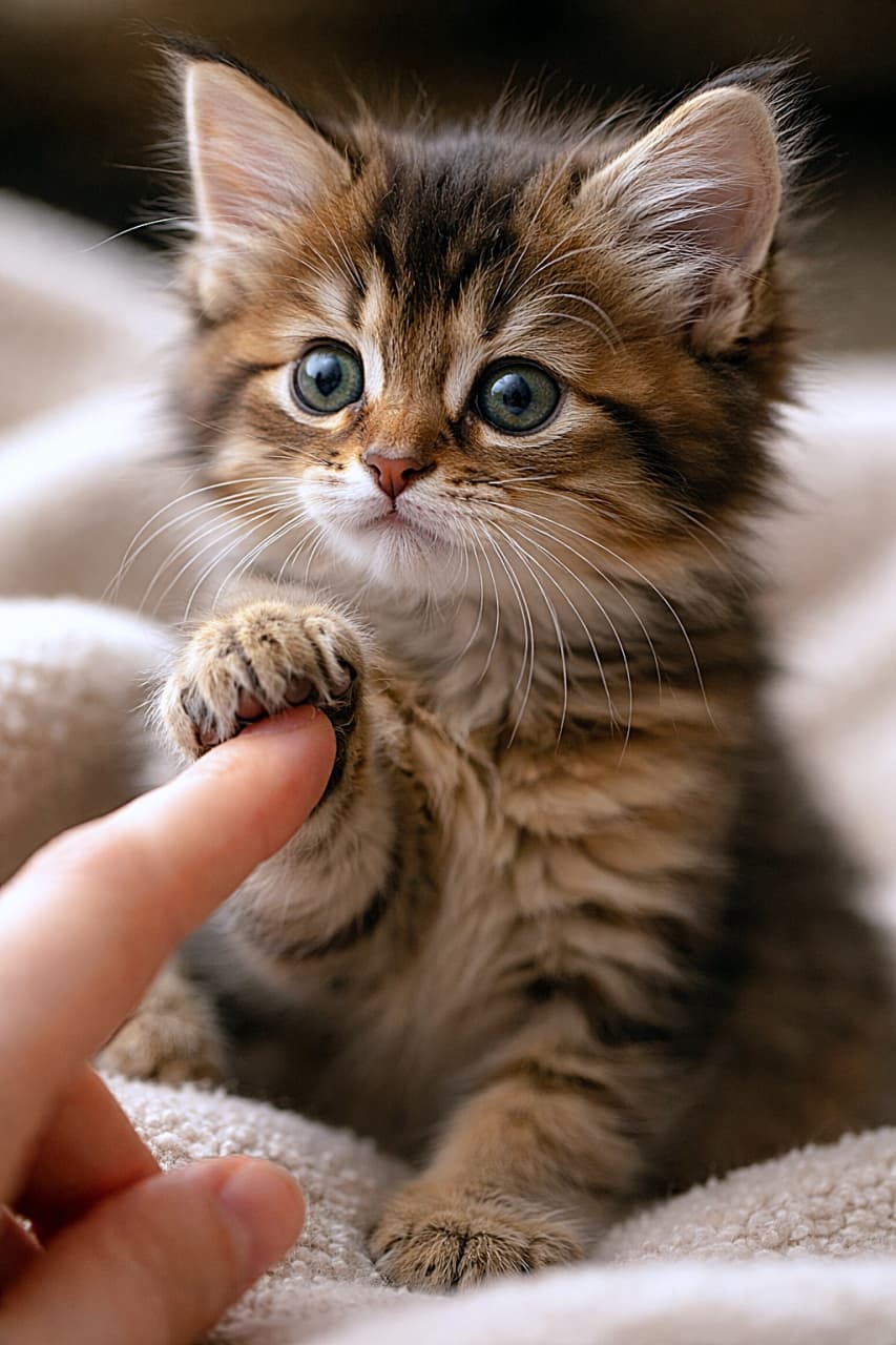 「「ちょんっ…」その小さな前足に、心ぜんぶ持っていかれた瞬間🐾✨」A photorealistic close-up of a Somali kitten gently touching its owner’s finger with its soft paw, warm lighting and sharp focus highlighting its fluffy fur and bright green eyes. 飼い主の指にそっと前足を重ねるソマリの子猫のクローズアップ写真。ふわふわの毛並みと大きな緑の瞳が印象的