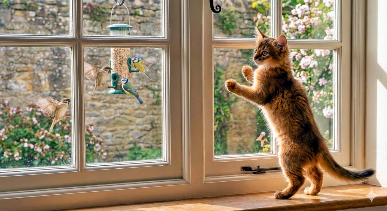 A curious Somali kitten stands on its hind legs at a windowsill, gazing intently at birds feeding outside. Its tail is raised and eyes wide with wonder, as warm natural light highlights the soft fur and the lively garden scene beyond the glass. 好奇心旺盛なソマリの子猫が窓辺で後ろ足で立ち、外の鳥たちをじっと見つめています。尻尾を高く上げ、目を輝かせながら、柔らかな毛並みが暖かな自然光に照らされ、窓の外のにぎやかな庭の風景が広がっています