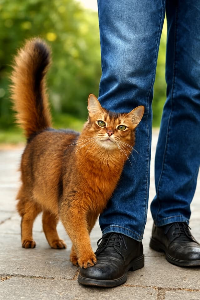 A fluffy Somali cat with bright green eyes rubs against its owner's leg on a stone path, tail raised in a gesture of affection amid soft outdoor greenery. 緑の瞳が輝くふわふわのソマリ猫が石畳の道で飼い主の足に体をこすりつけ、尾を立てて愛情を示している。背景には柔らかな屋外の緑が広がる