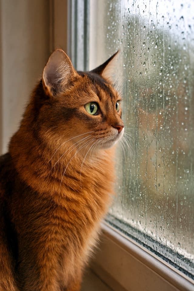 Somali cat with green eyes gazes out a rain-speckled window, its reflection softly mirrored in the glass. 緑の瞳のソマリ猫が雨粒のついた窓越しに外を見つめ、ガラスに柔らかく映る姿が印象的