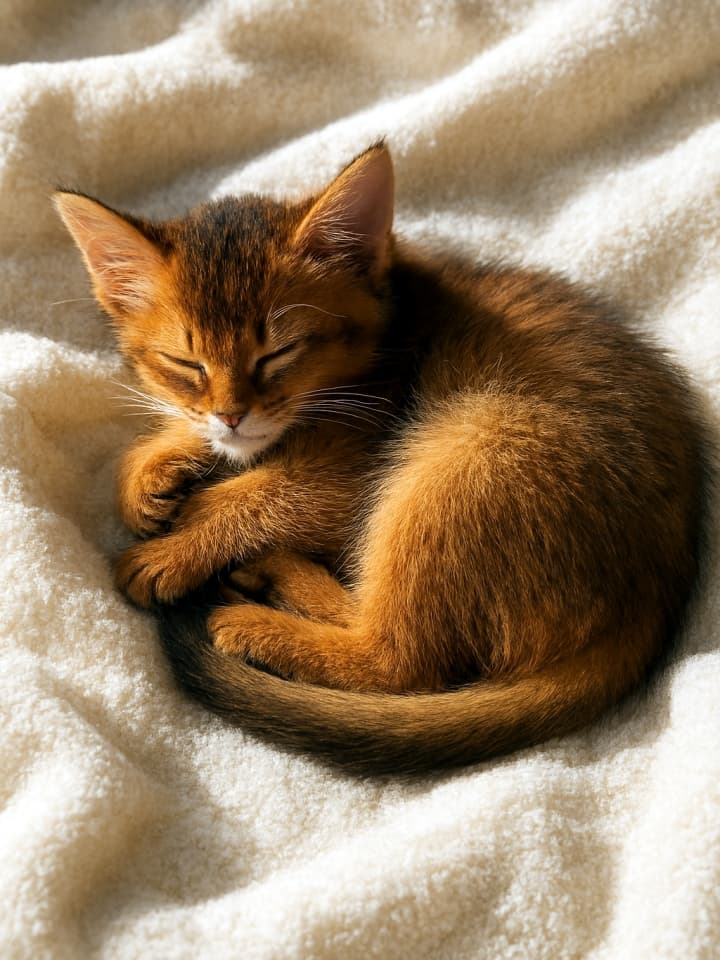 A Somali kitten sleeps curled up on a soft blanket, its tiny body radiating warmth and peace. 柔らかな毛布の上で丸くなって眠るソマリ子猫が、温もりと安らぎを漂わせる