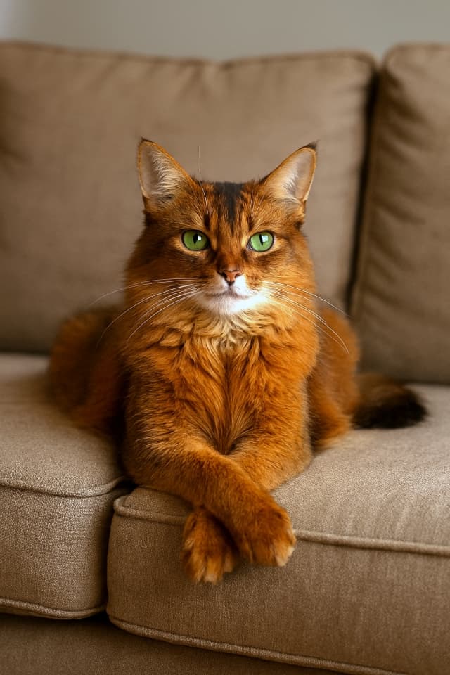 A long-haired Somali cat with vivid green eyes sits poised on a beige couch, front paws crossed in a regal pose that radiates elegance. 鮮やかな緑の瞳を持つ長毛のソマリ猫がベージュのソファに堂々と座り、前足を交差させた姿勢が優雅さを際立たせている
