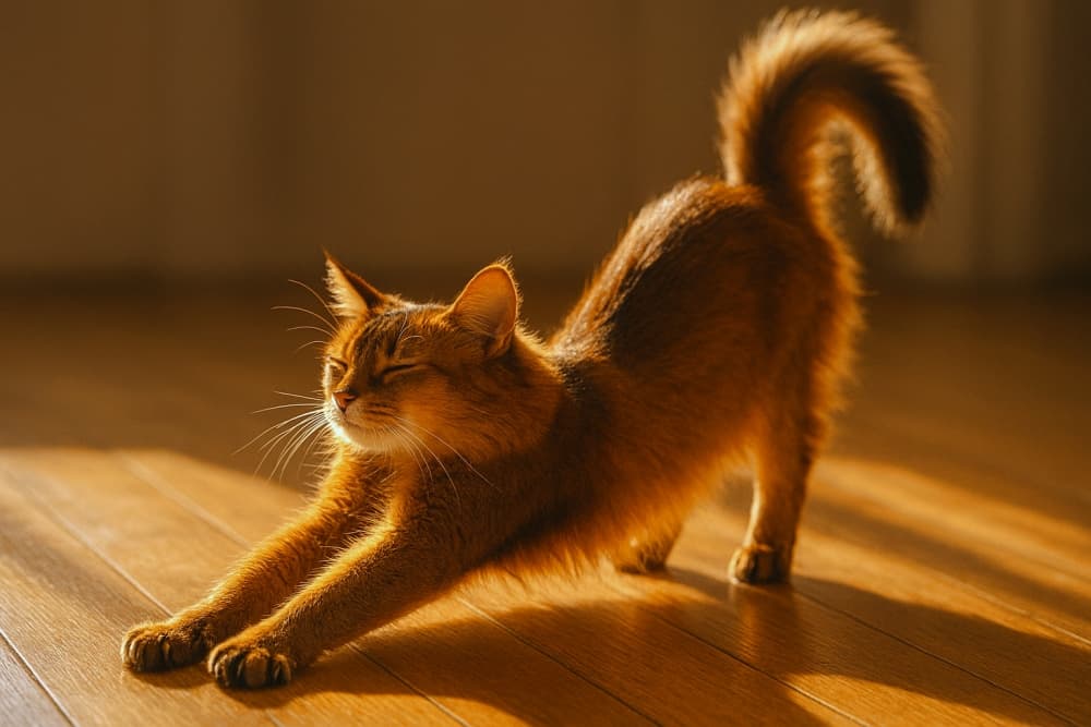Somali cat arching its back in a warm sunbeam, tail lifted high and paws reaching forward in a relaxed stretch. ソマリ猫が背中を丸めて日差しを浴びながら伸びをしている。尻尾を高く上げ、前足を前方に伸ばしている