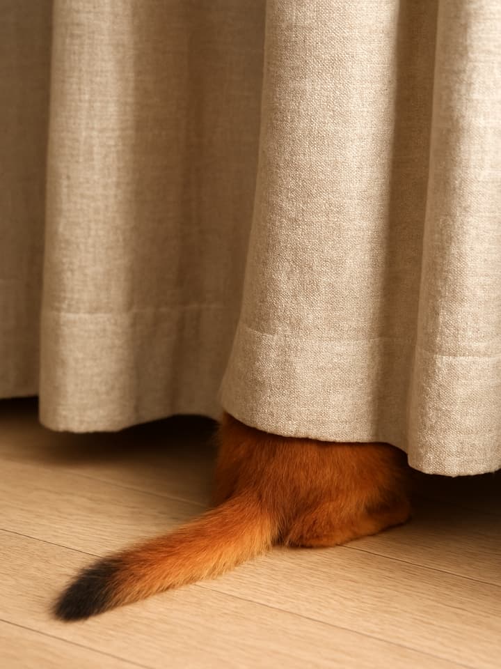 Somali cat’s hind legs and tail peeking out from under a curtain, playfully concealed on a light wood floor. ソマリ猫の後ろ足と尻尾がカーテンの下から覗いている。木の床で遊び心ある隠れ方