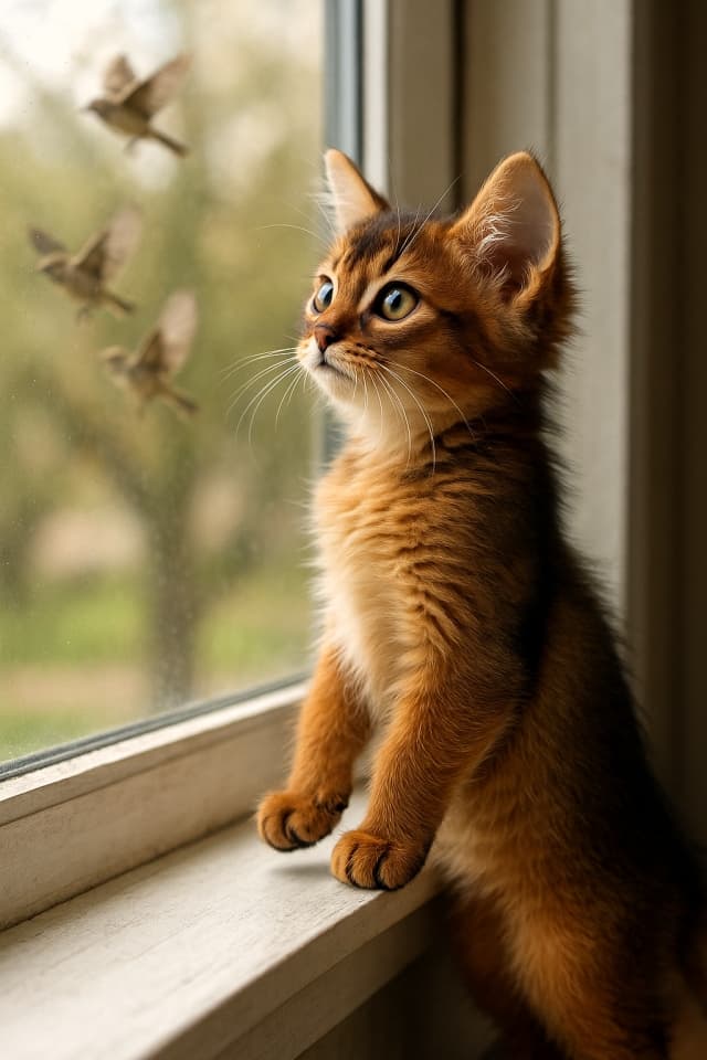 Somali kitten standing on hind legs at a window, watching birds in flight with intense curiosity. ソマリ子猫が窓辺で後ろ足で立ち、飛んでいる鳥たちを好奇心いっぱいに見つめている