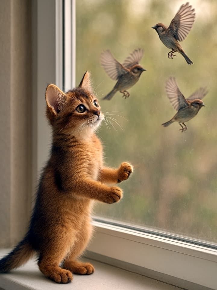 Somali kitten gazing at sparrows outside the window, captured mid-flight, with paws raised in fascination. ソマリ子猫が窓の外のスズメを見つめている。飛行中の鳥に魅了され、前足を上げている
