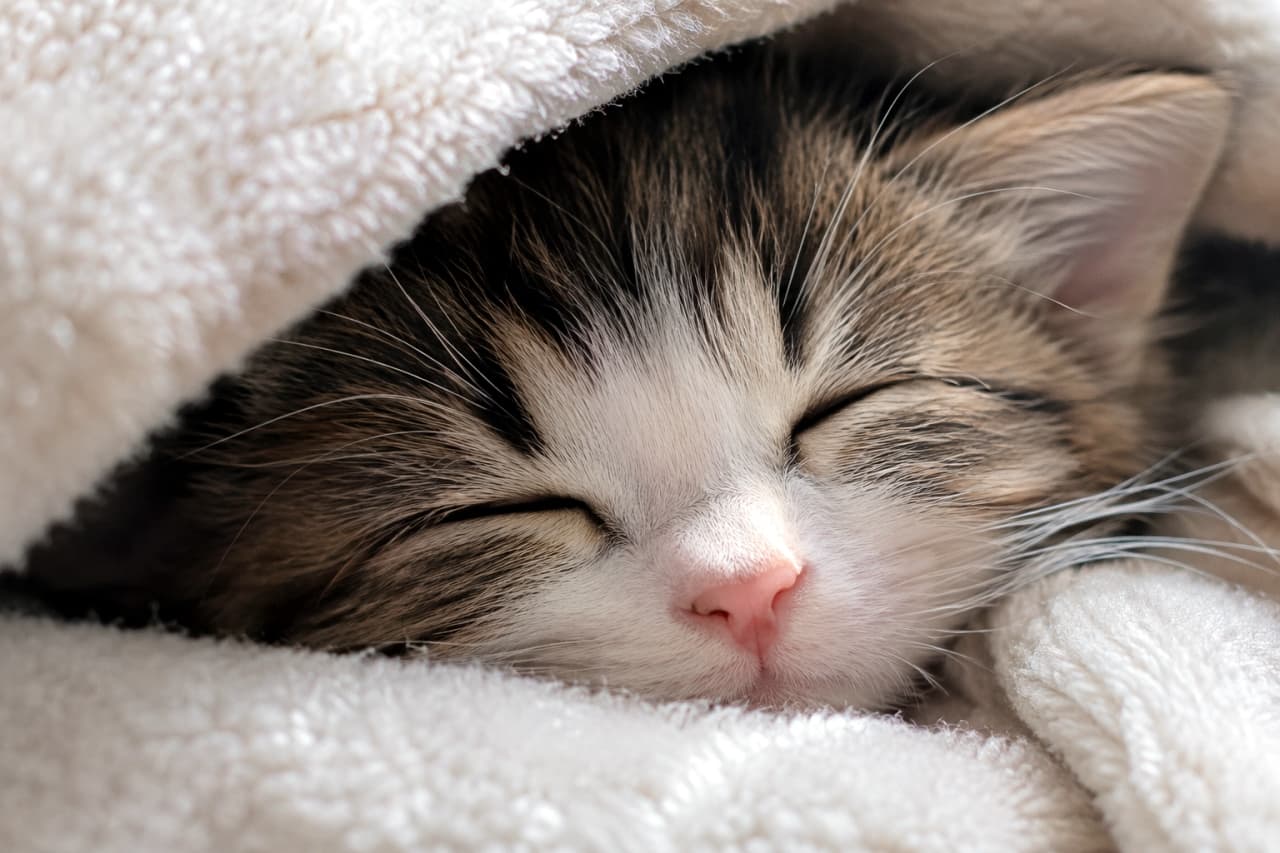 「毛布からお顔だけ出してスヤスヤ💤 完璧な防寒対策で夢の中へ一直線だね🐾✨」Ultra-realistic high-quality photograph of a sleeping brown tabby and white kitten's face half-hidden under a fluffy white blanket. Its closed eyes, pink nose, and soft fur texture are captured in detail. もこもこした白いタオルケットのような毛布から、顔の上半分を覗かせて眠るキジトラ白（ブラウンタビー＆ホワイト）の子猫。目を細く閉じて安心しきった表情で、鼻先のピンク色と柔らかな毛並みの質感が詳細に描写されている