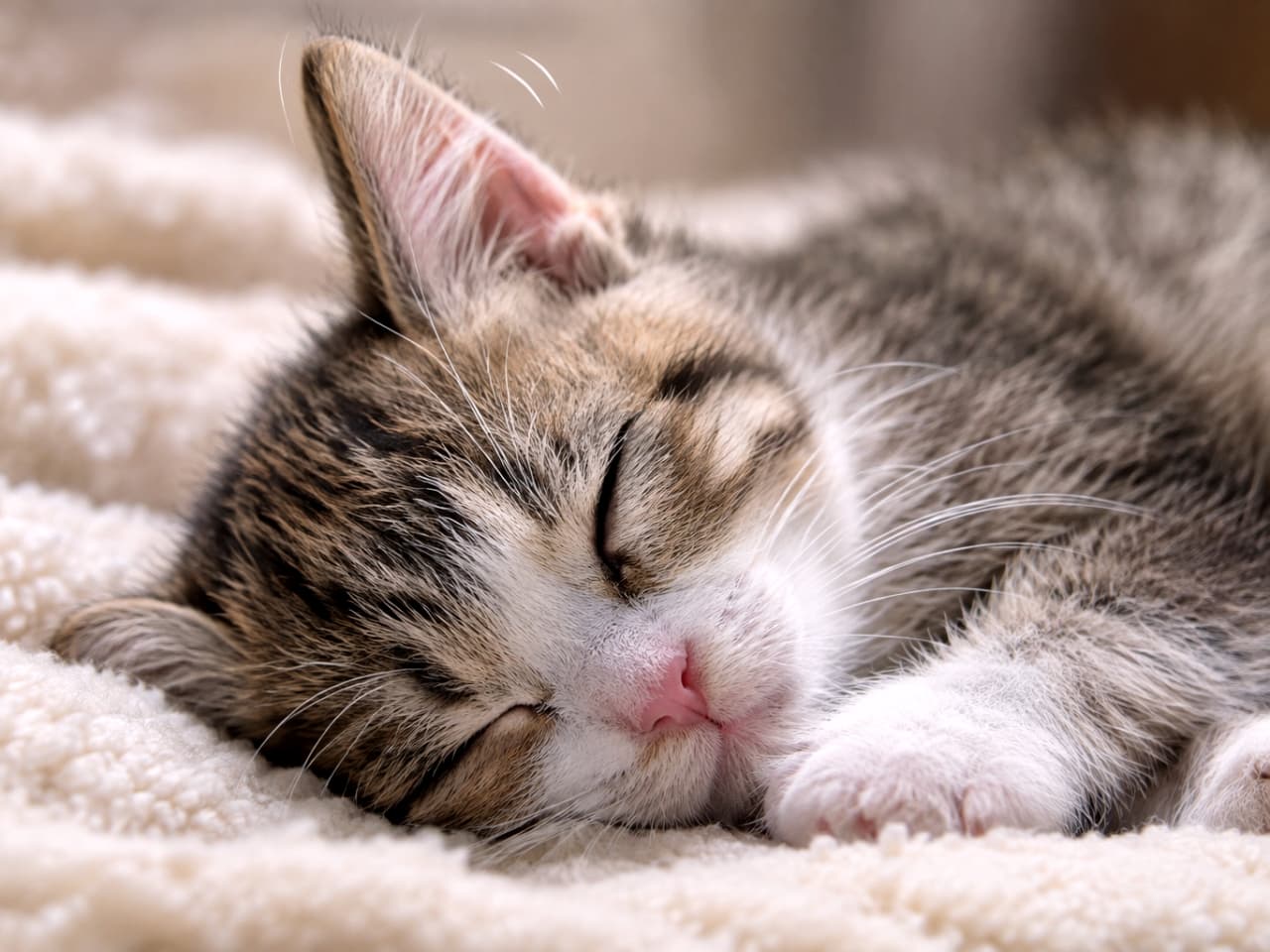 「寝ているのに、お耳だけ起きてるよ📡✨ どんな楽しい夢の音を聞いているのかな🐾💤」Ultra-realistic high-quality photograph of a sleeping brown tabby and white kitten on a cream fluffy blanket, with one ear seemingly twitching in its sleep. The soft fur and natural light create a beautiful harmony. もこもこしたクリーム色の毛布の上で眠るキジトラ白（ブラウンタビー＆ホワイト）の子猫のアップ写真。目を閉じて安心しきった表情の中、片方の耳だけが音を拾うようにピクッと動いている瞬間を捉えています。柔らかな毛並みと自然光が調和した美しい一枚