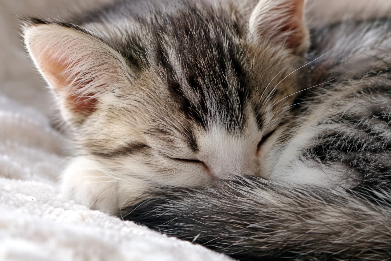 「自分のしっぽに顔を埋めてスヤスヤ💤 完璧な丸まり具合が、愛おしさを限界突破🐾✨」Ultra-realistic high-quality photograph of a silver tabby and white kitten sleeping curled up, with its nose deeply buried in its fluffy tail on a white blanket. Soft light beautifully highlights its silver striped pattern. 真っ白なふかふかブランケットの上で、小さく丸まって眠るサバトラ白（シルバータビー＆ホワイト）の子猫。自分のふわふわの尻尾に鼻先をすっぽりと埋めており、極上の安心感に包まれた寝顔を見せています。柔らかな光がシルバーの縞模様を美しく際立たせています